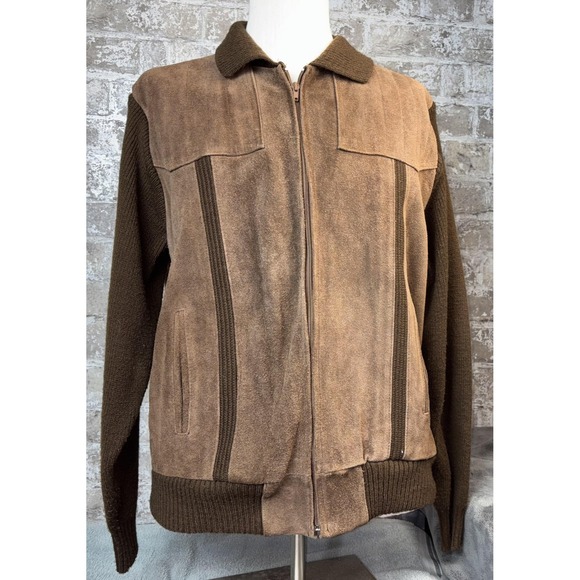 Vintage 70s–80s Sears Genuine Leather Suede Jacket Men's XL Brown Knit Trim - Picture 3 of 8